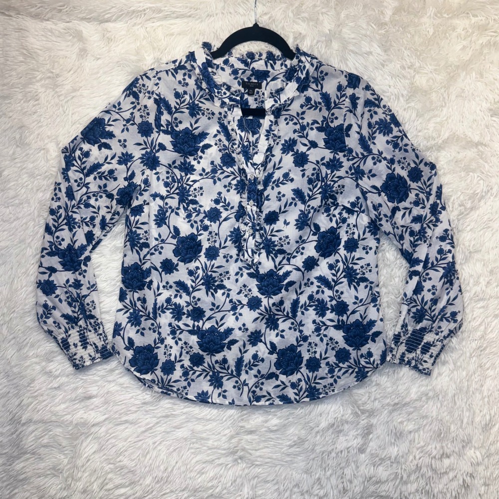 Talbots Petite Medium Blue White Floral Toile Cotton Ruffle Neck Cuff Blouse